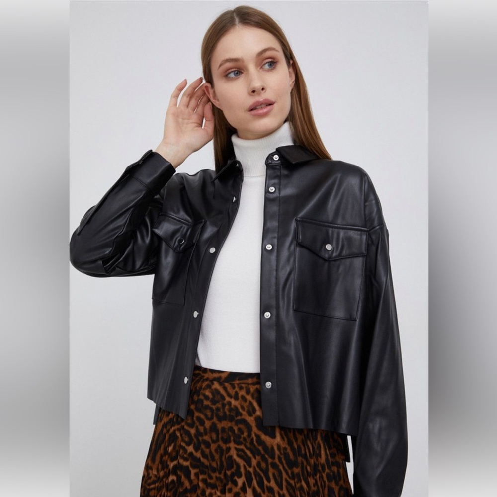 DKNY Faux Leather Cropped Shirt Jacket